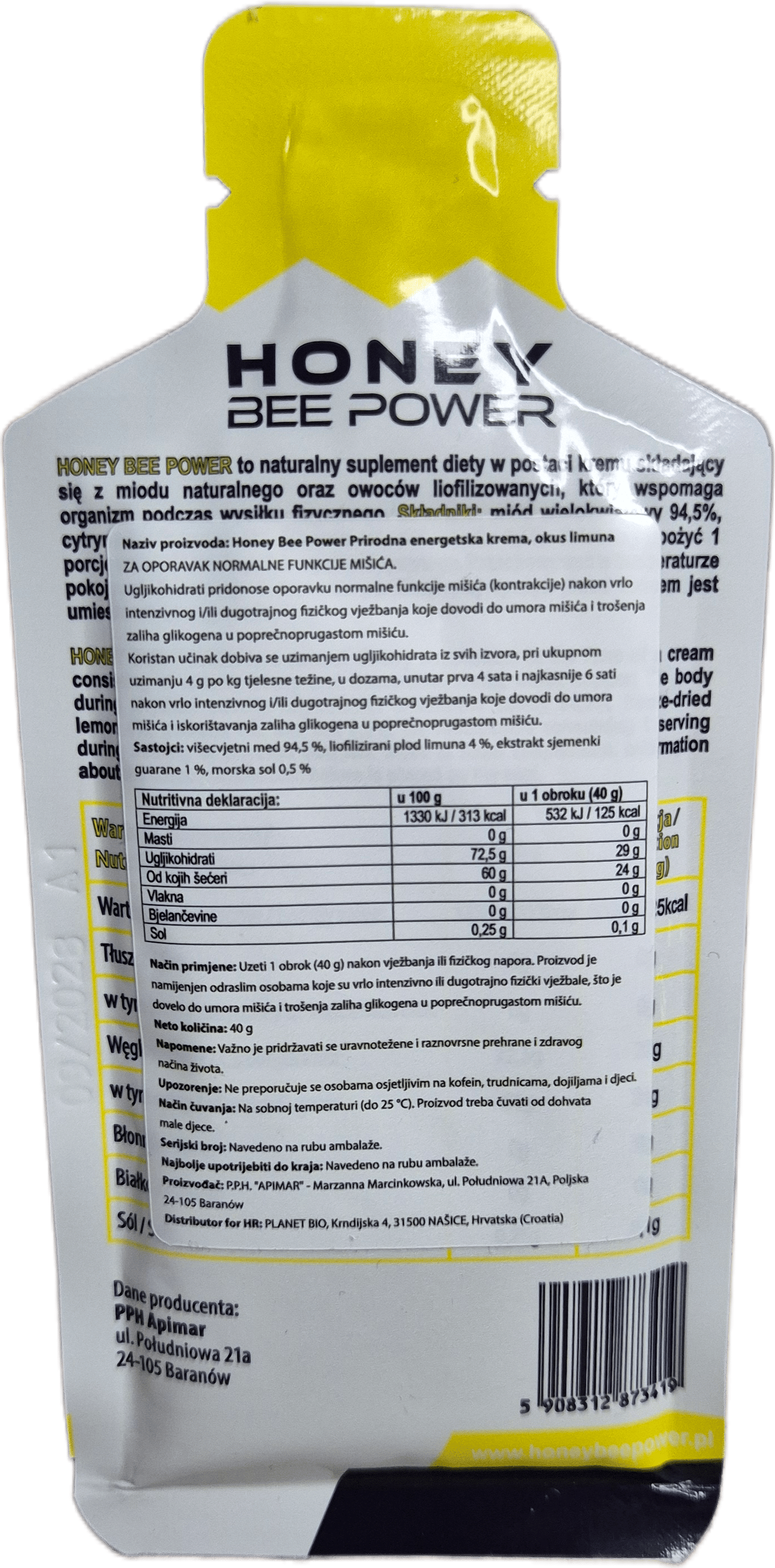 Honey Bee Power Energy Gel Limun — zadnja strana
