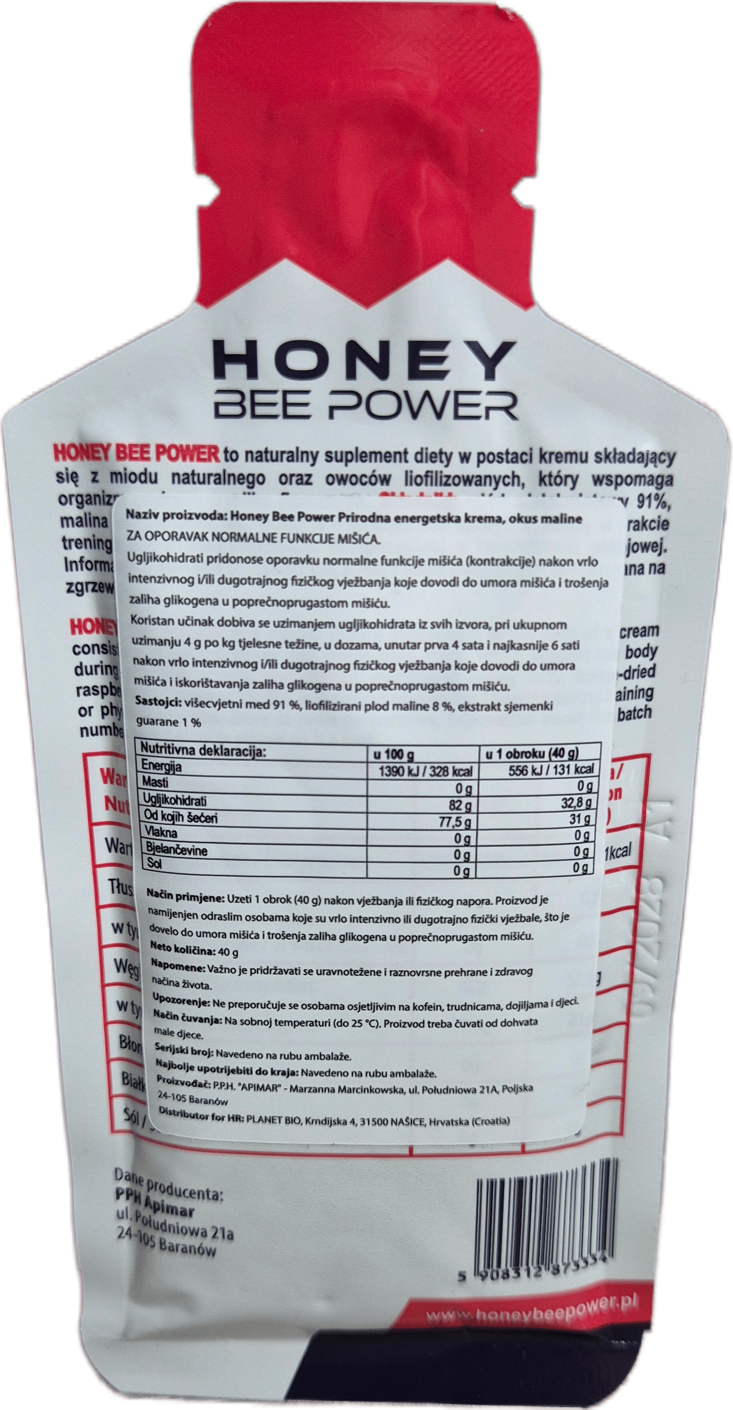 Honey Bee Power Energy Gel Malina — zadnja strana