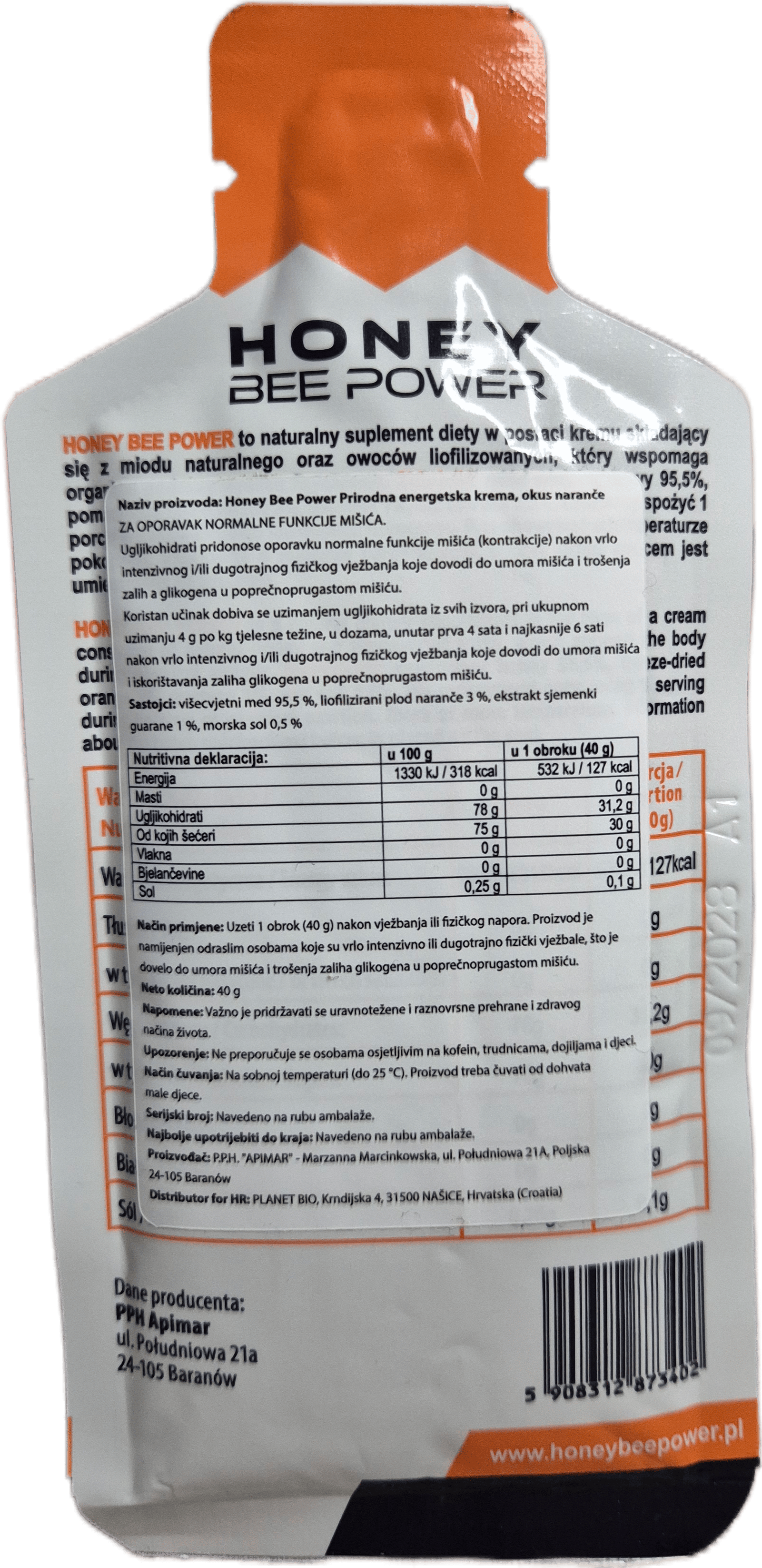 Honey Bee Power Energy Gel Naranča — zadnja strana